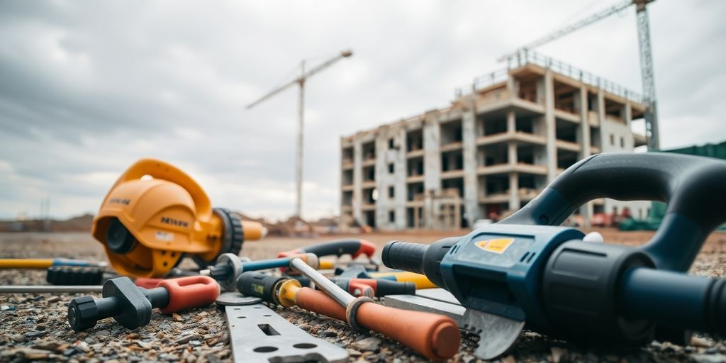 Abandoned construction site with tools scattered around.