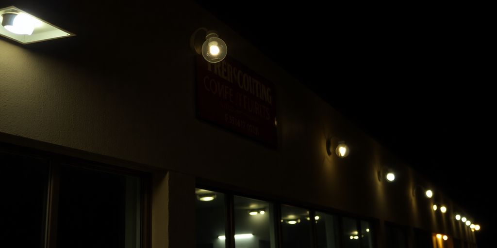 Dark building exterior with broken, flickering lights.