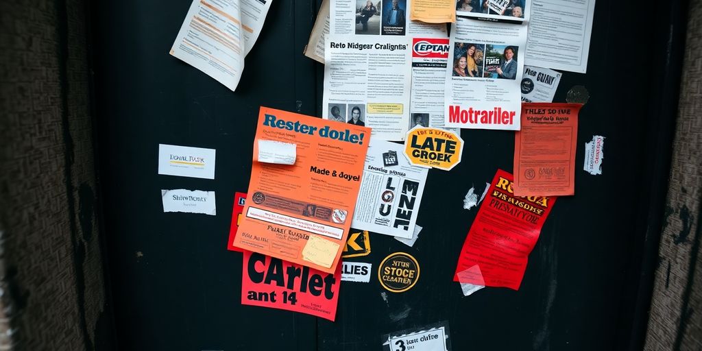 Door covered in fliers, peeling stickers.